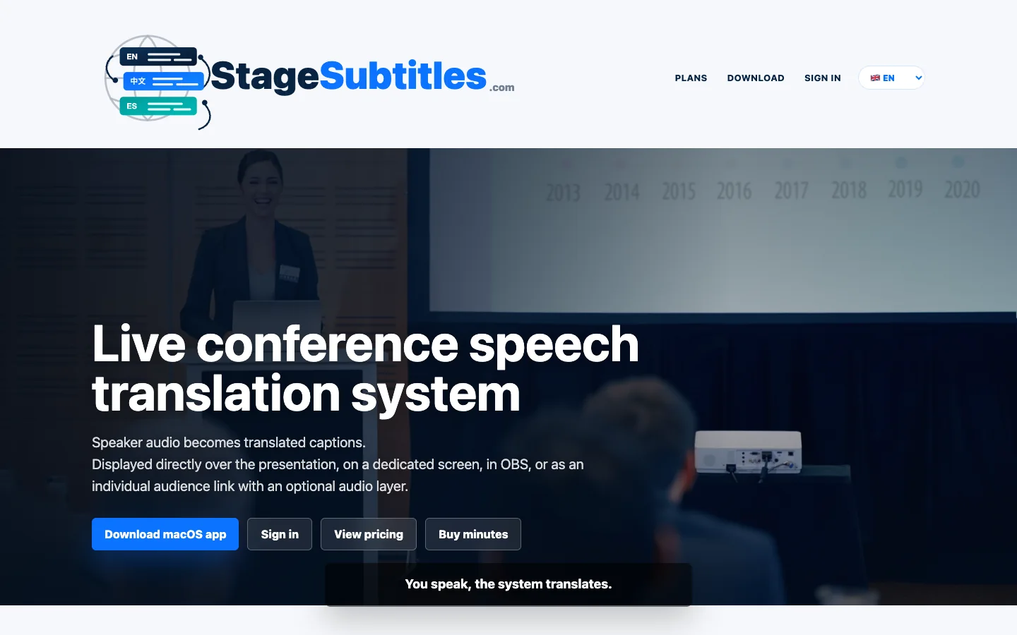 Strona systemu StageSubtitles do tłumaczeń i napisów na żywo